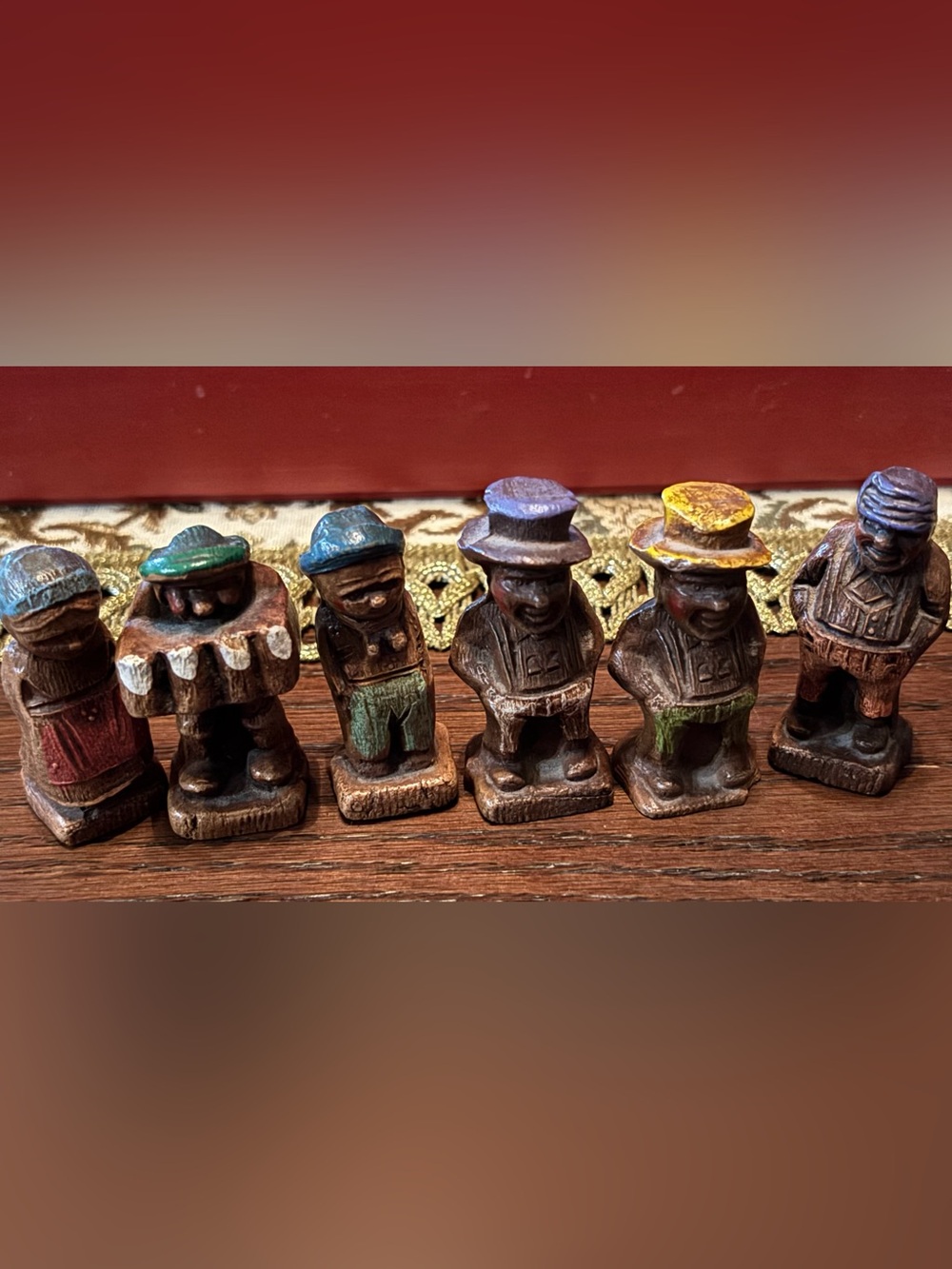 Vintage Hand Carved Hand Painted Wooden Folk Art Figures Set of 6 Primitive